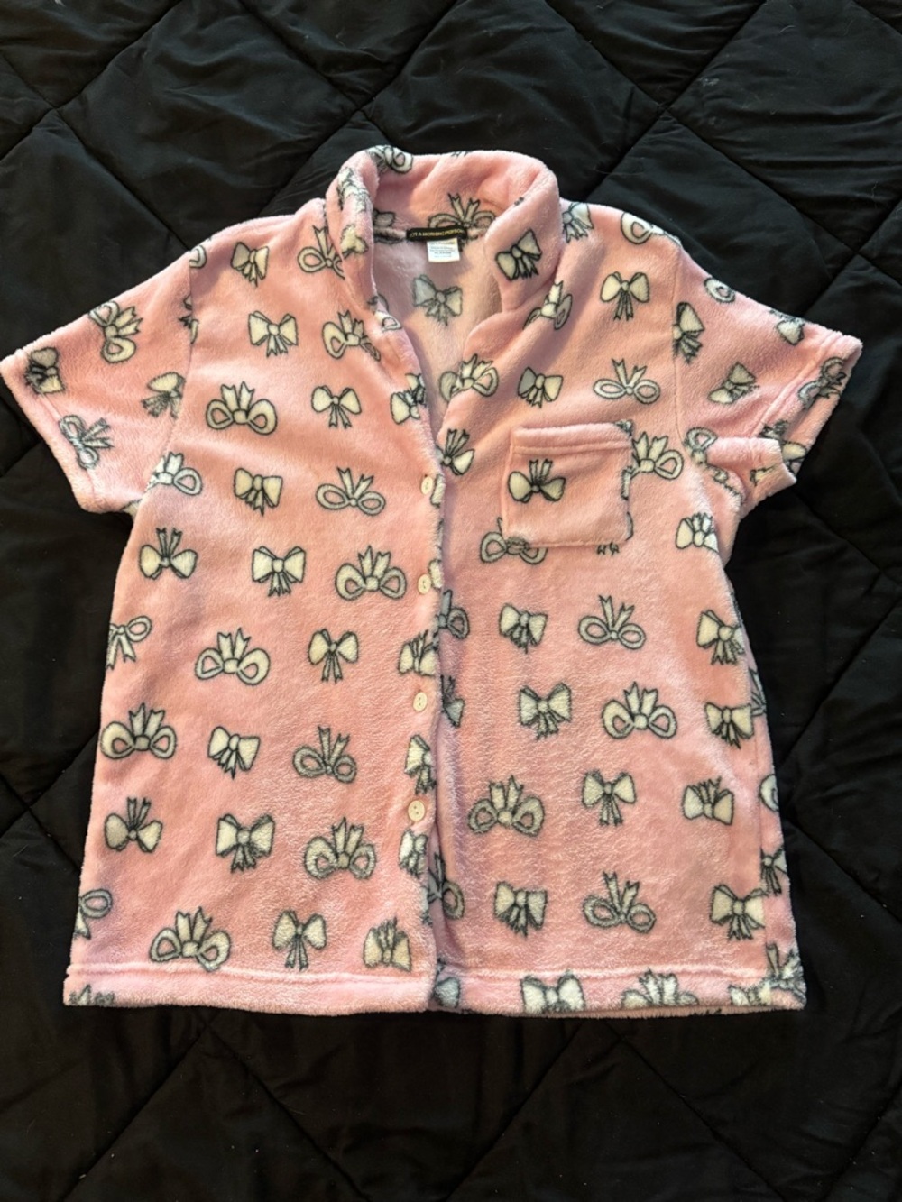 {NOT A MORNING PERSON} Pink Pajama Bow Pattern Fleece Button Down Top